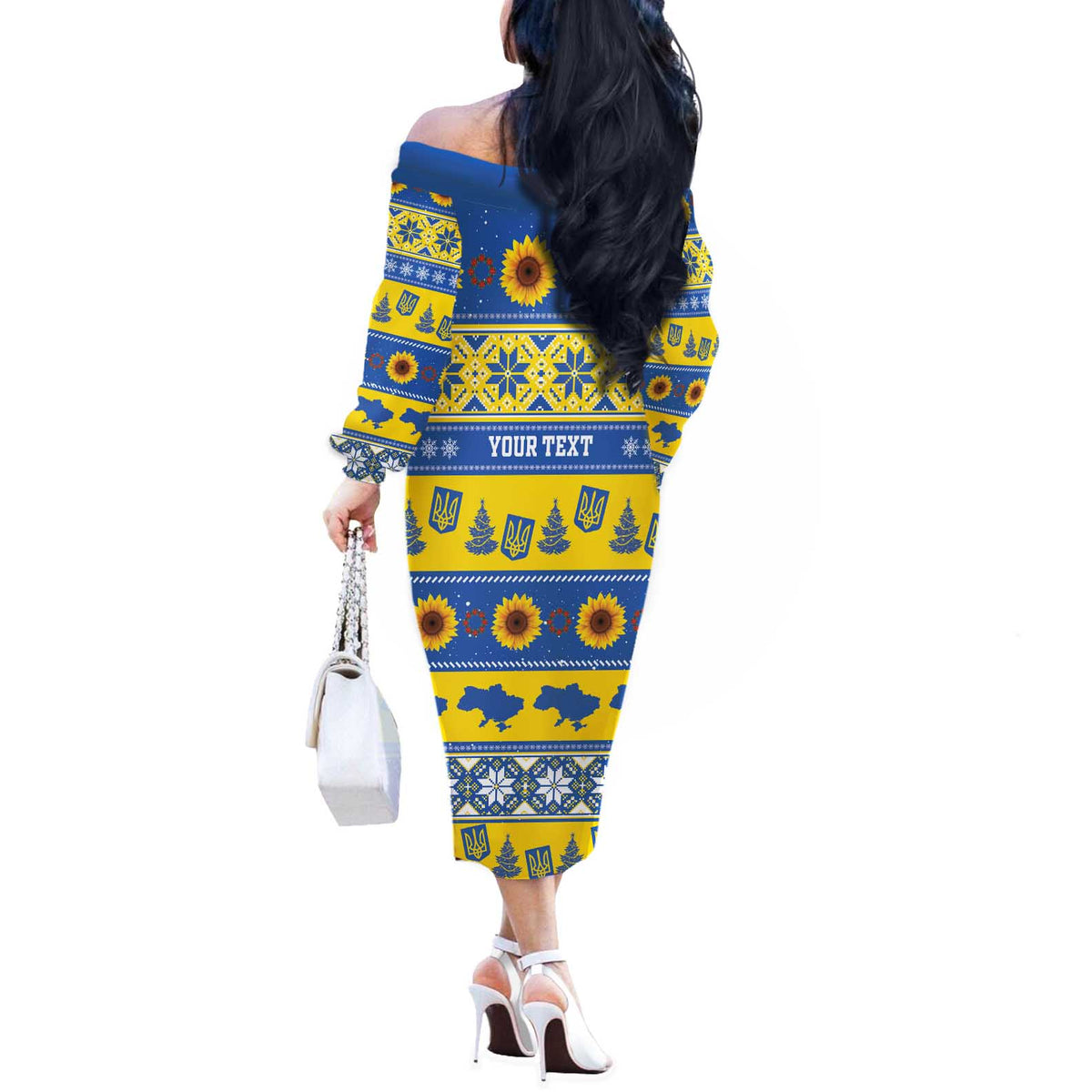 Personalised Ukraine Christmas Off The Shoulder Long Sleeve Dress Tryzub With Map Folk Pattern - Wonder Print Shop