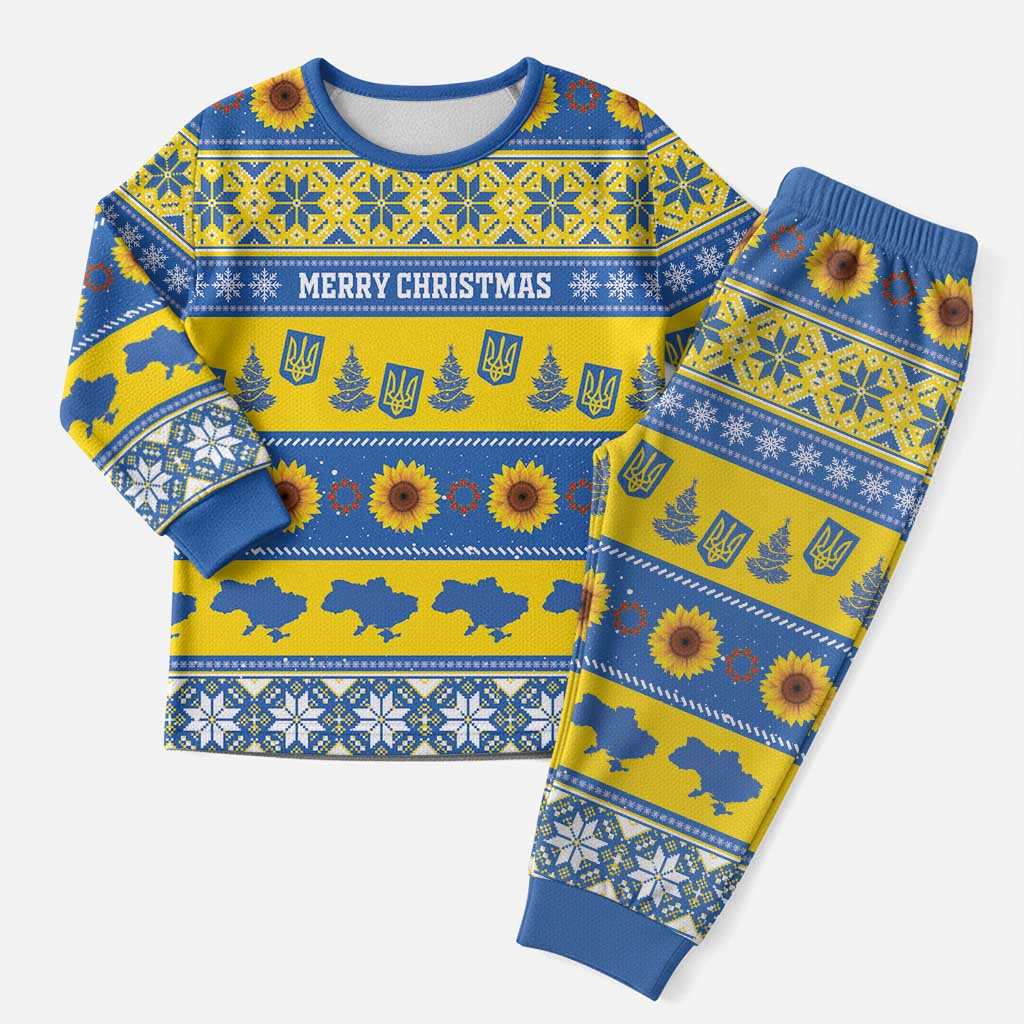 Personalised Ukraine Christmas Pajama Set Tryzub With Map Folk Pattern - Wonder Print Shop