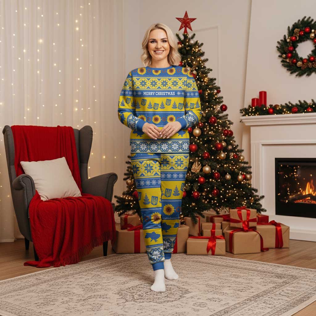Personalised Ukraine Christmas Pajama Set Tryzub With Map Folk Pattern - Wonder Print Shop
