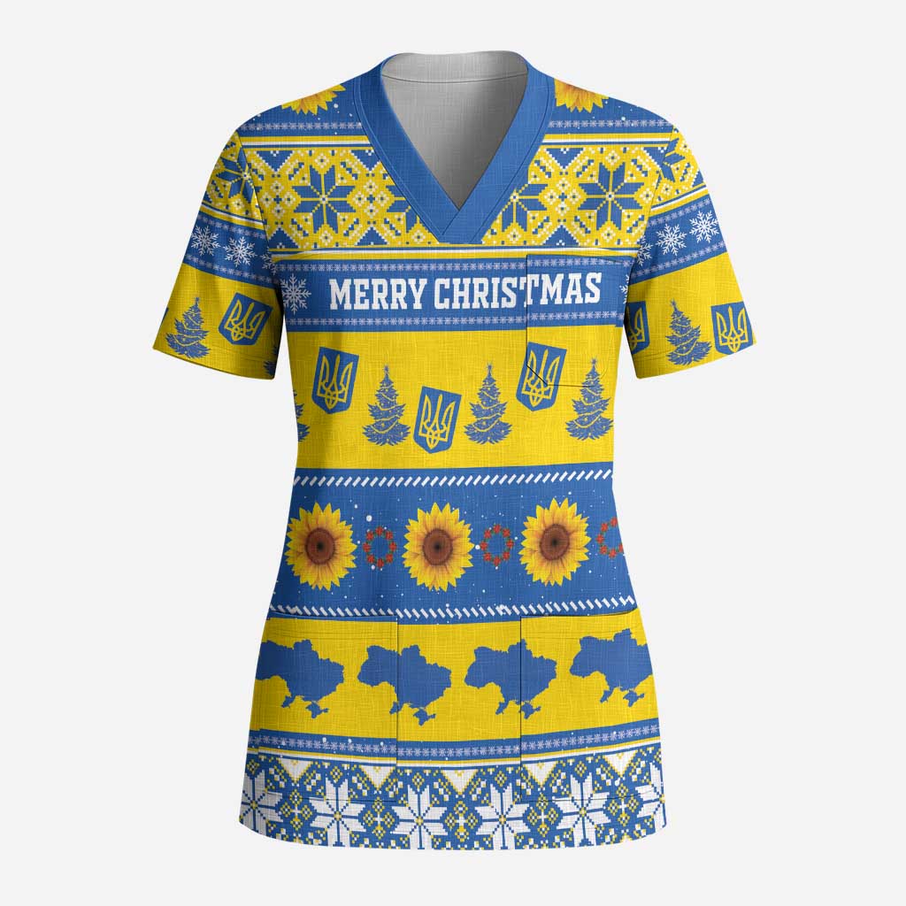 Personalised Ukraine Christmas Scrub Top Tryzub With Map Folk Pattern - Wonder Print Shop