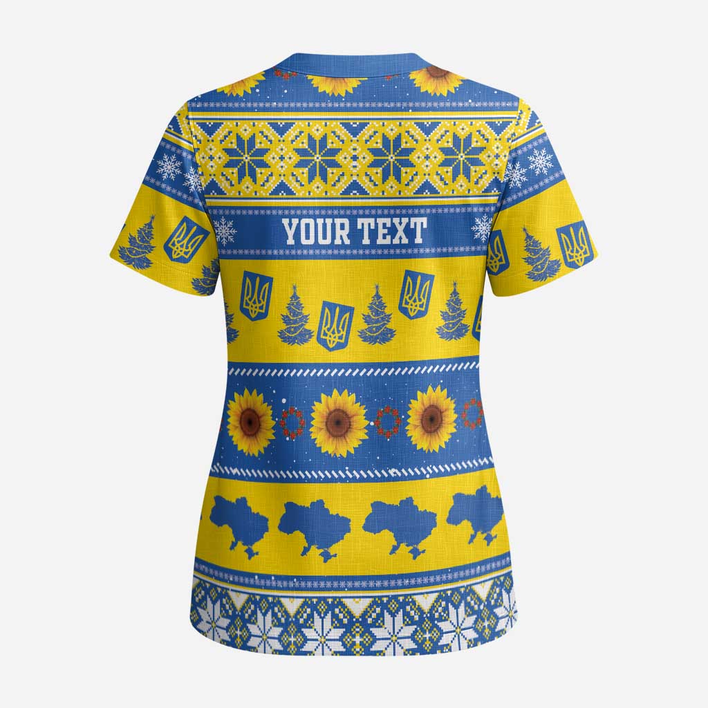 Personalised Ukraine Christmas Scrub Top Tryzub With Map Folk Pattern - Wonder Print Shop