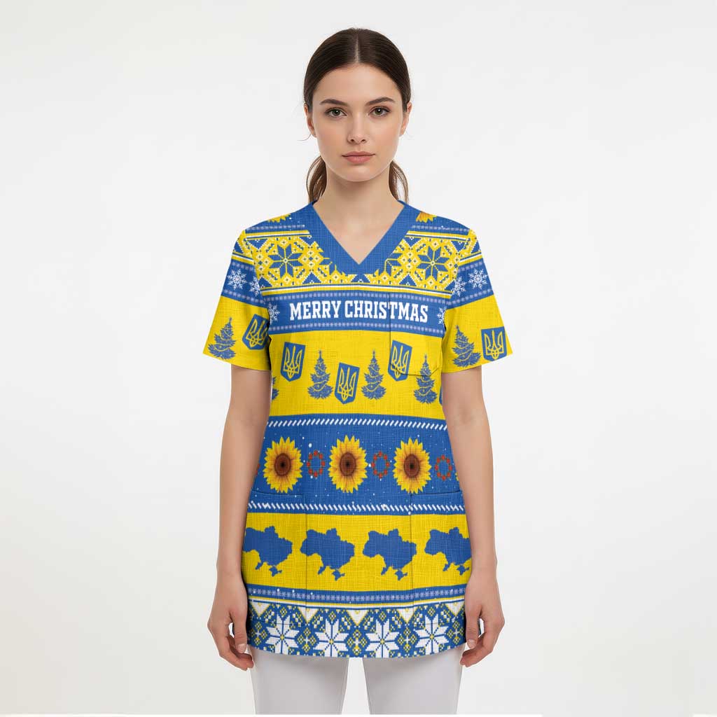 Personalised Ukraine Christmas Scrub Top Tryzub With Map Folk Pattern - Wonder Print Shop