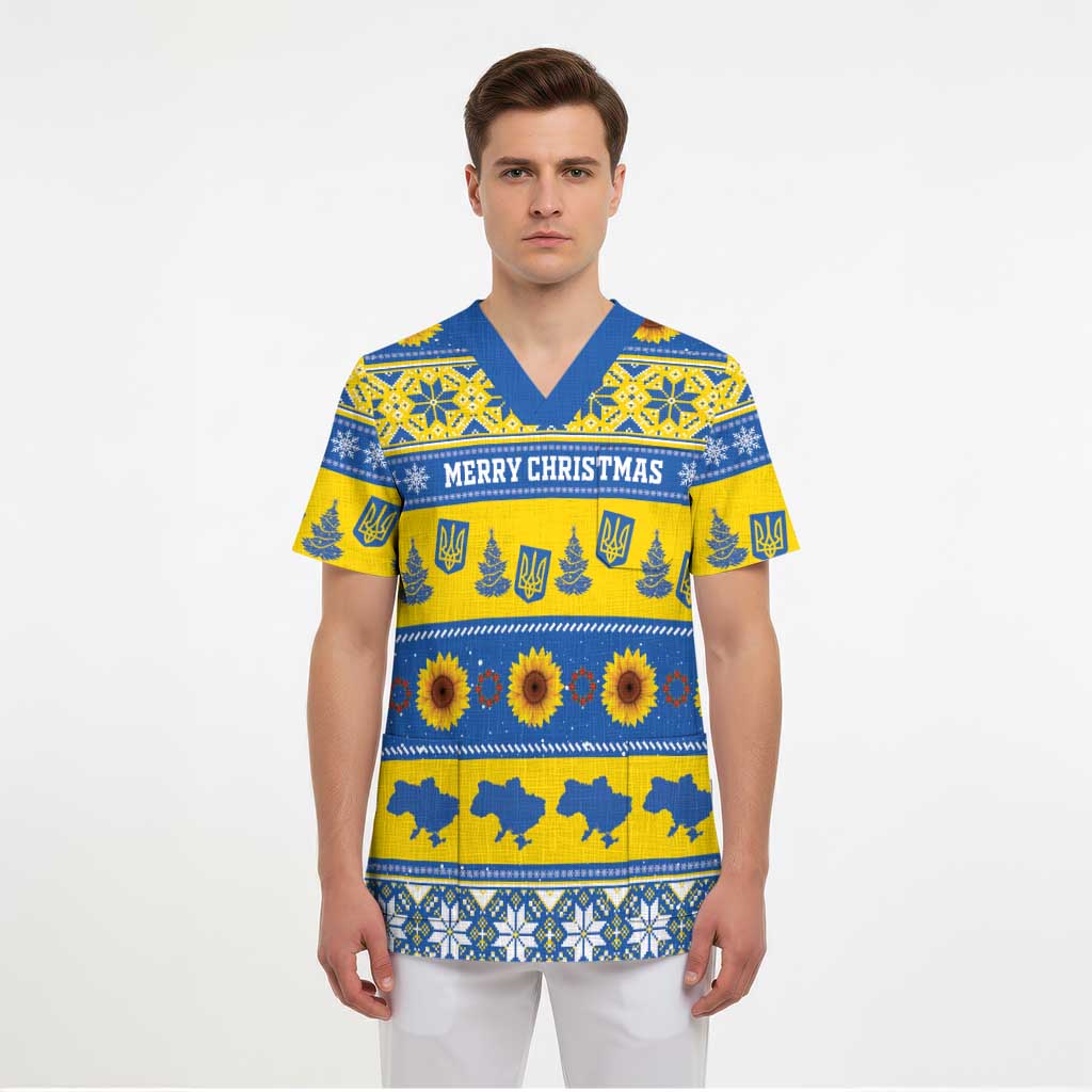 Personalised Ukraine Christmas Scrub Top Tryzub With Map Folk Pattern - Wonder Print Shop