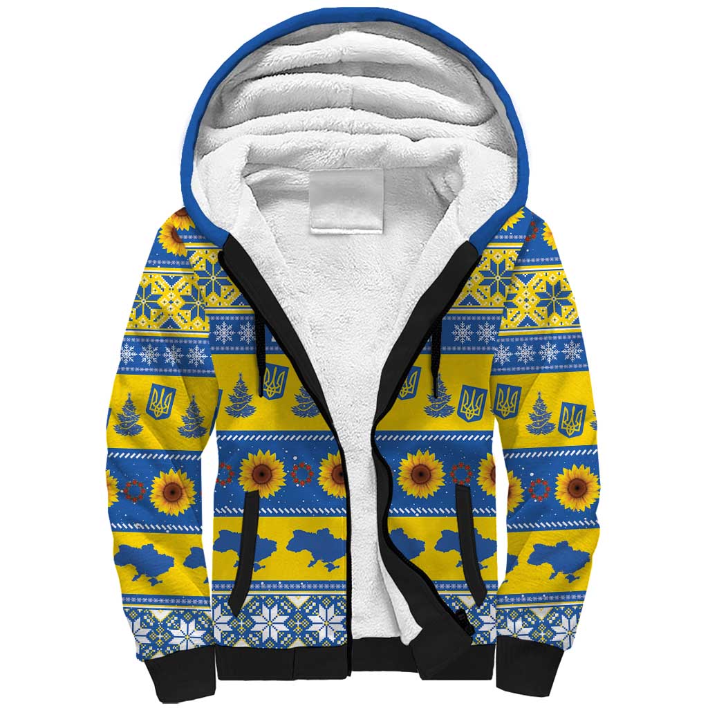 Personalised Ukraine Christmas Sherpa Hoodie Tryzub With Map Folk Pattern - Wonder Print Shop
