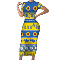 Personalised Ukraine Christmas Short Sleeve Bodycon Dress Tryzub With Map Folk Pattern - Wonder Print Shop
