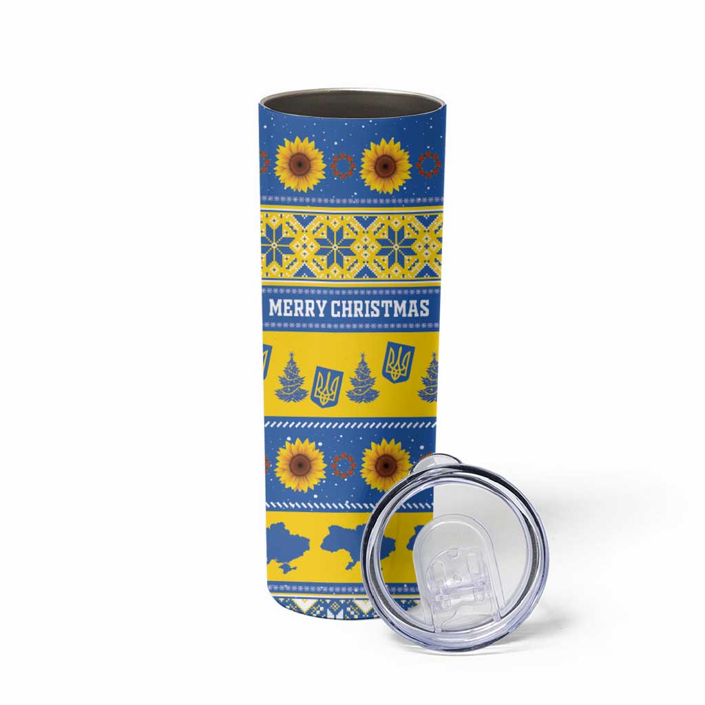 Personalised Ukraine Christmas Skinny Tumbler Tryzub With Map Folk Pattern - Wonder Print Shop