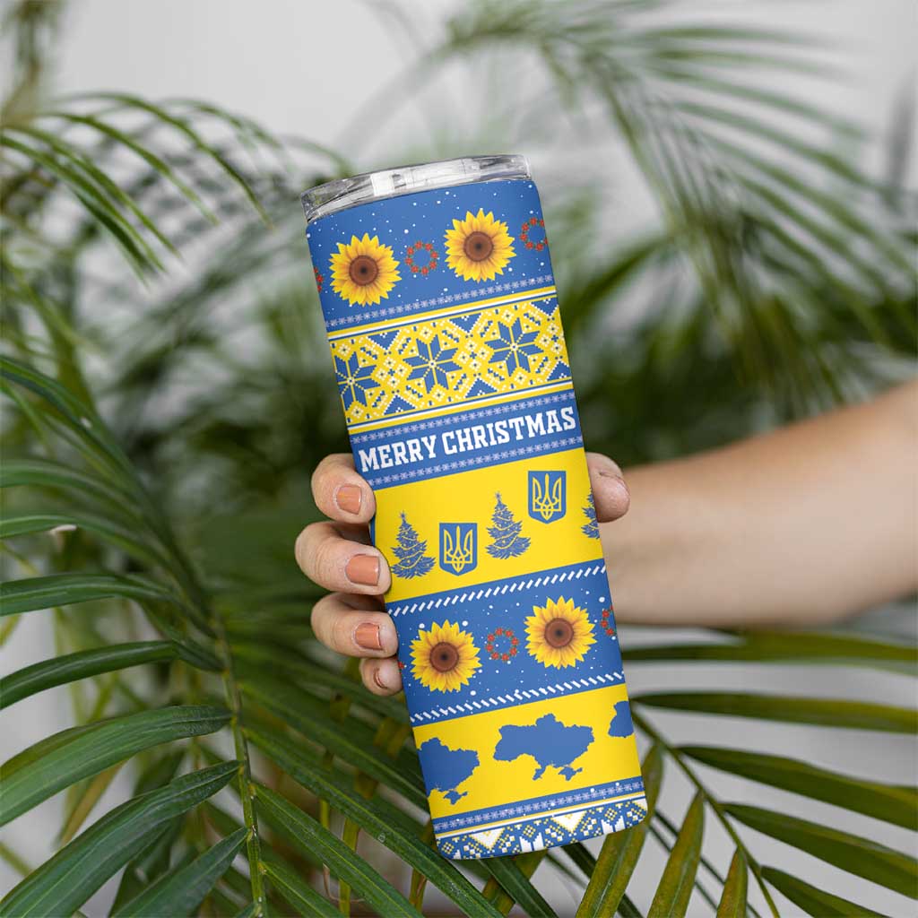 Personalised Ukraine Christmas Skinny Tumbler Tryzub With Map Folk Pattern - Wonder Print Shop