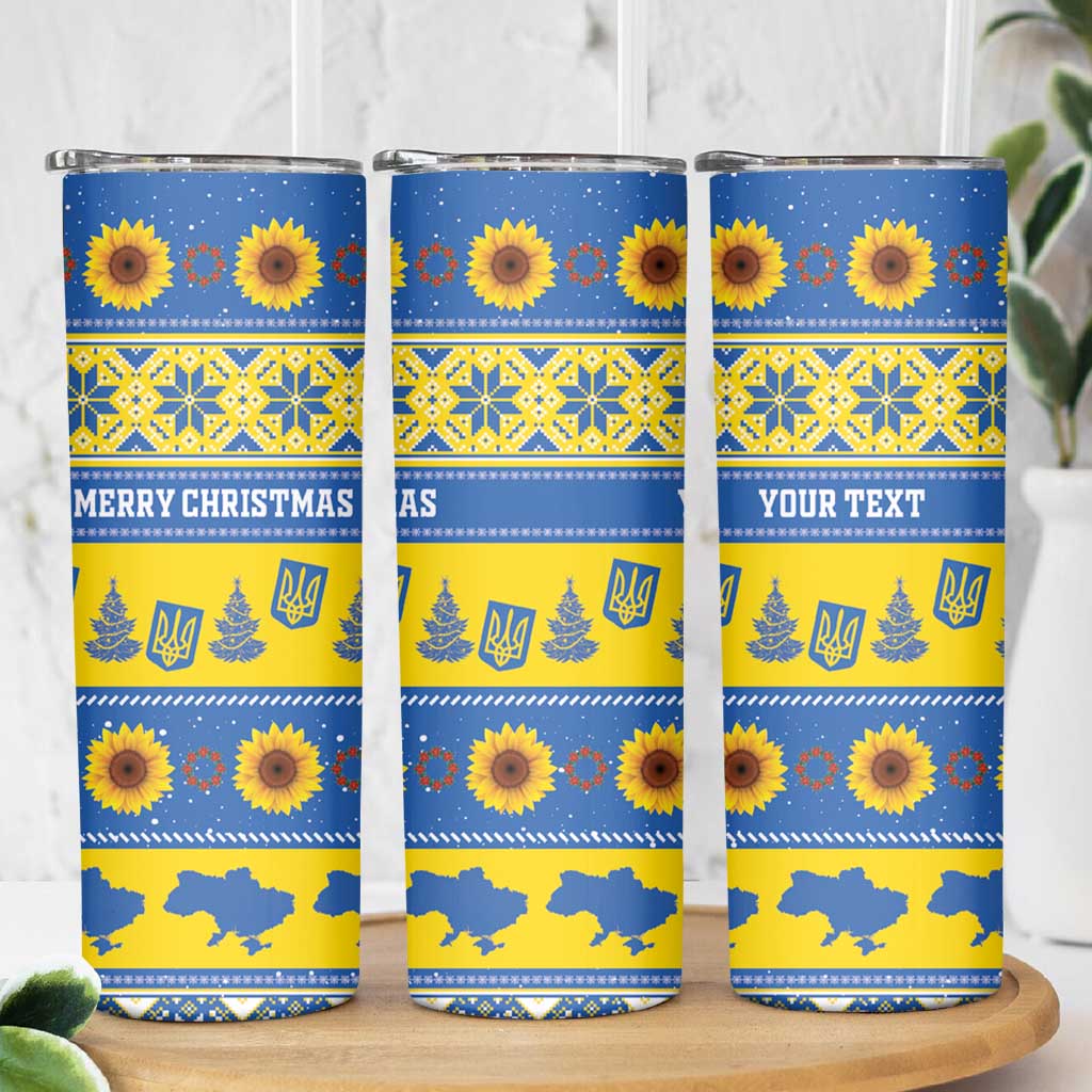 Personalised Ukraine Christmas Skinny Tumbler Tryzub With Map Folk Pattern - Wonder Print Shop