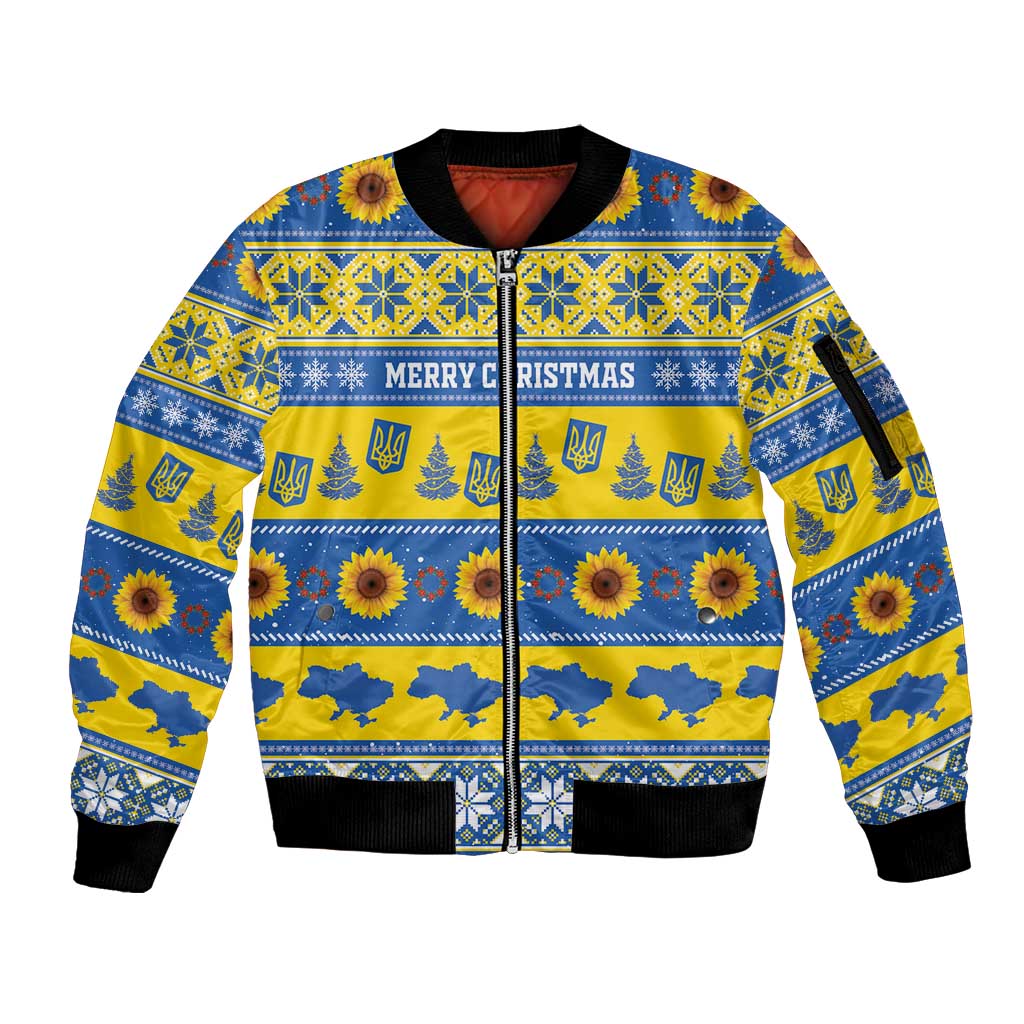 Personalised Ukraine Christmas Sleeve Zip Bomber Jacket Tryzub With Map Folk Pattern - Wonder Print Shop