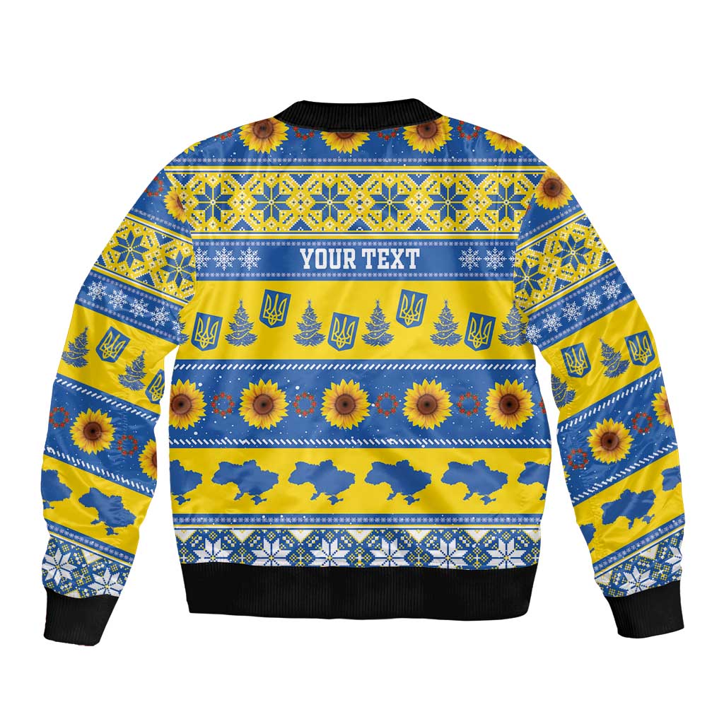 Personalised Ukraine Christmas Sleeve Zip Bomber Jacket Tryzub With Map Folk Pattern - Wonder Print Shop