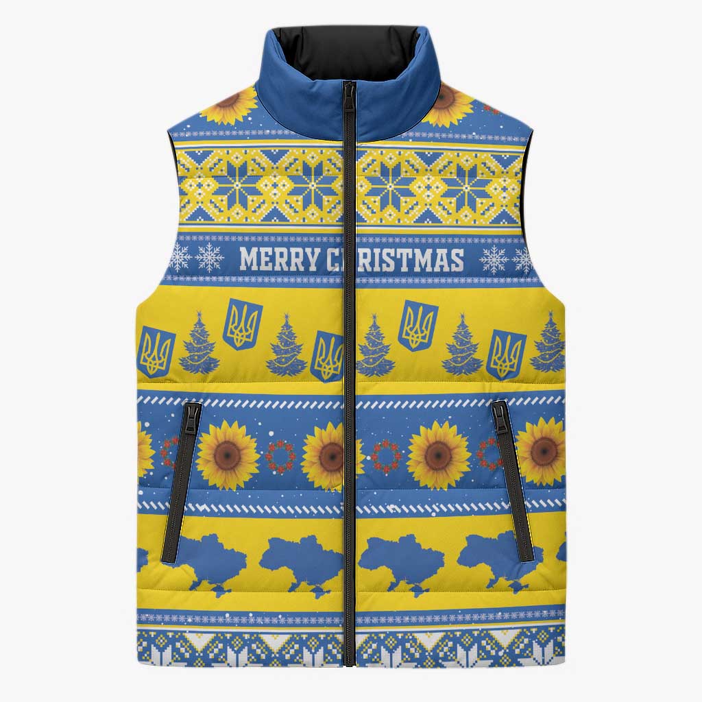 Personalised Ukraine Christmas Sleeveless Puffer Jacket Tryzub With Map Folk Pattern - Wonder Print Shop