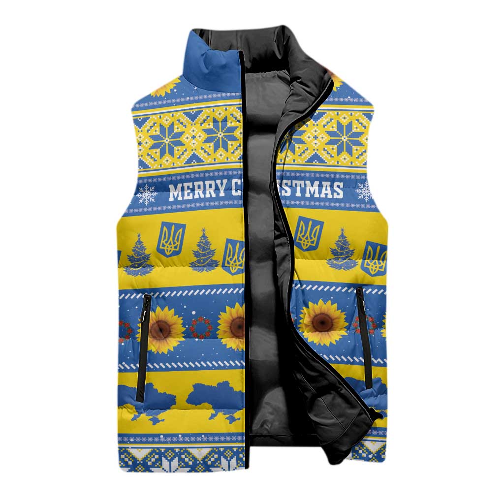 Personalised Ukraine Christmas Sleeveless Puffer Jacket Tryzub With Map Folk Pattern - Wonder Print Shop