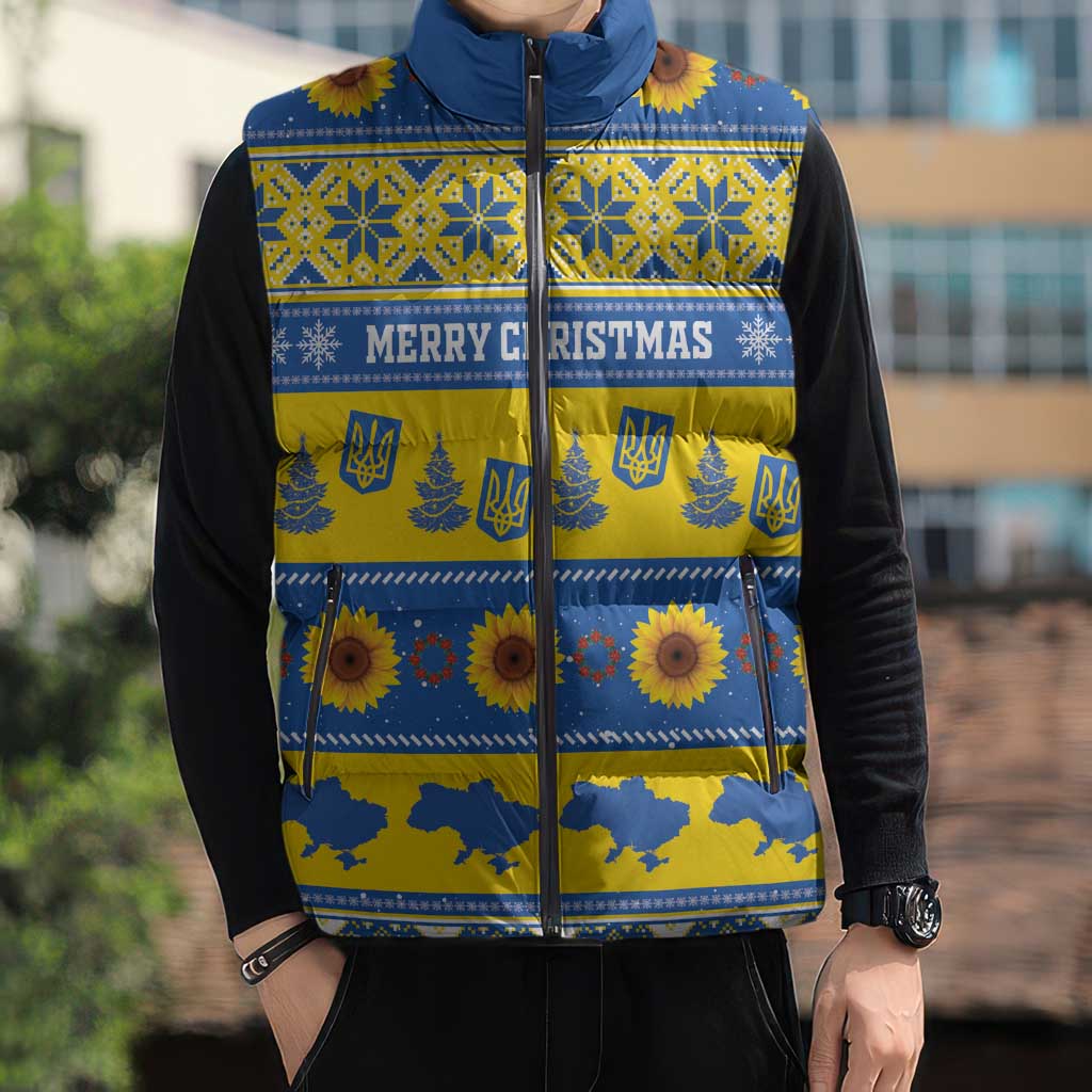 Personalised Ukraine Christmas Sleeveless Puffer Jacket Tryzub With Map Folk Pattern - Wonder Print Shop