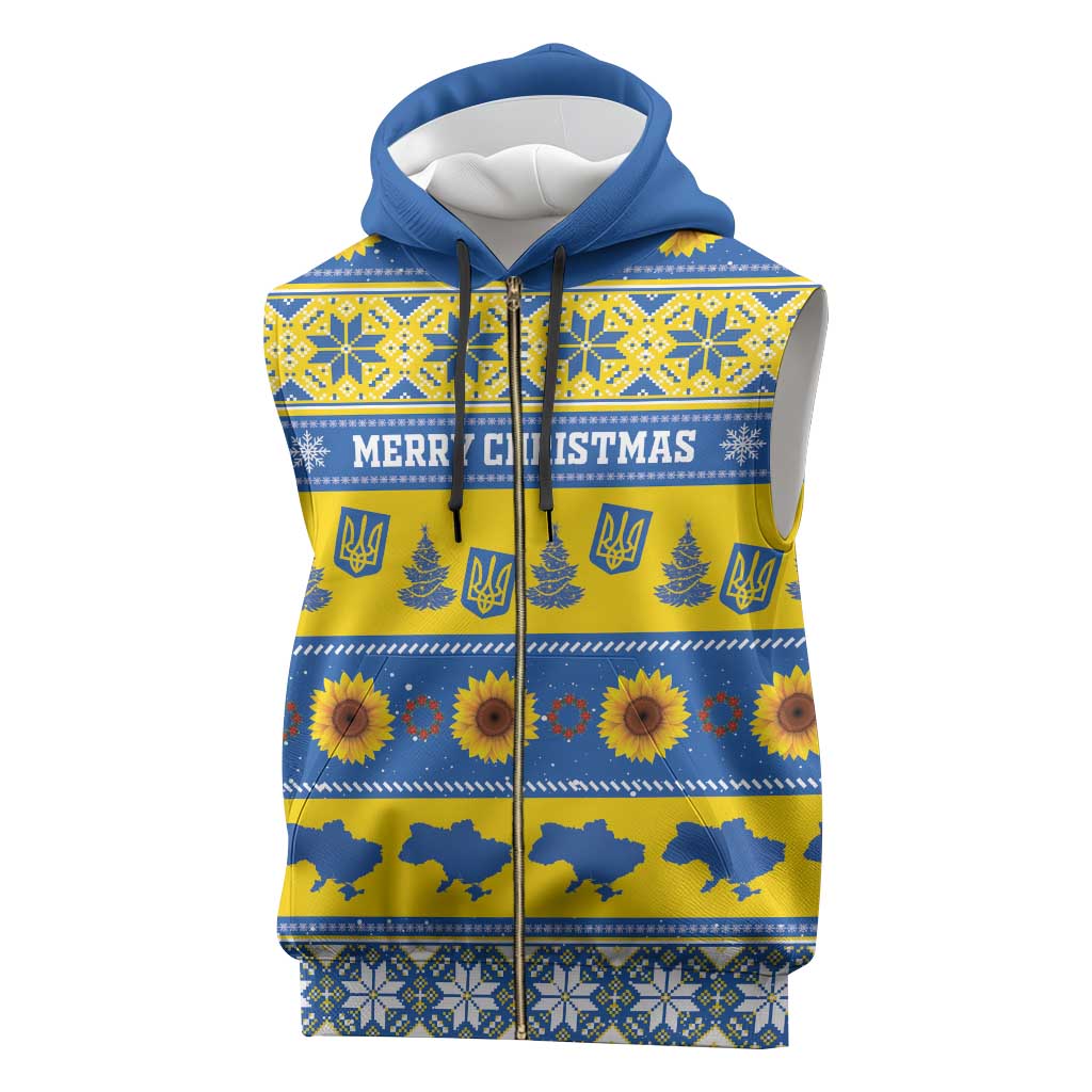 Personalised Ukraine Christmas Sleeveless Zip Hoodie Tryzub With Map Folk Pattern - Wonder Print Shop