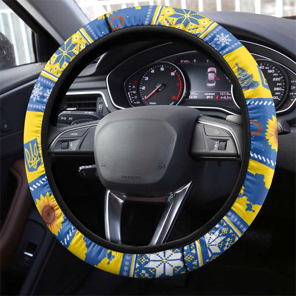 Ukraine Christmas Steering Wheel Cover Tryzub With Map Folk Pattern - Wonder Print Shop