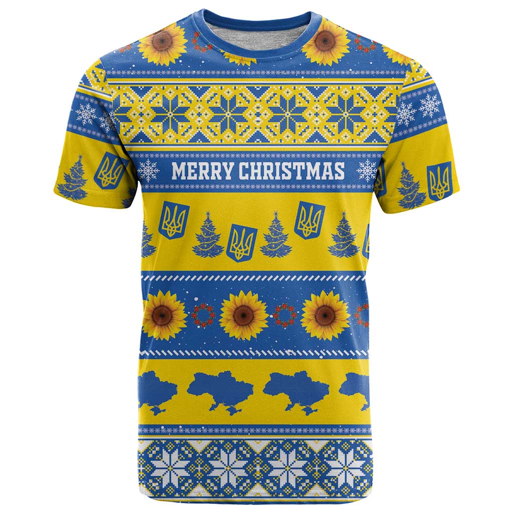 Personalised Ukraine Christmas T Shirt Tryzub With Map Folk Pattern - Wonder Print Shop