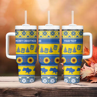 Personalised Ukraine Christmas Tumbler With Handle Tryzub With Map Folk Pattern - Wonder Print Shop