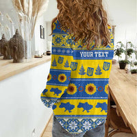 Personalised Ukraine Christmas Women Casual Shirt Tryzub With Map Folk Pattern - Wonder Print Shop