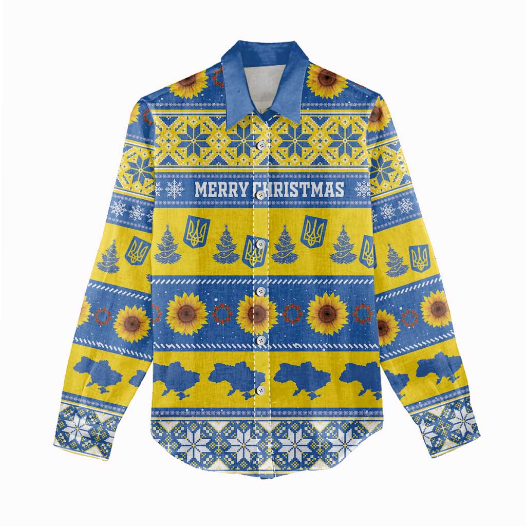 Personalised Ukraine Christmas Women Casual Shirt Tryzub With Map Folk Pattern - Wonder Print Shop