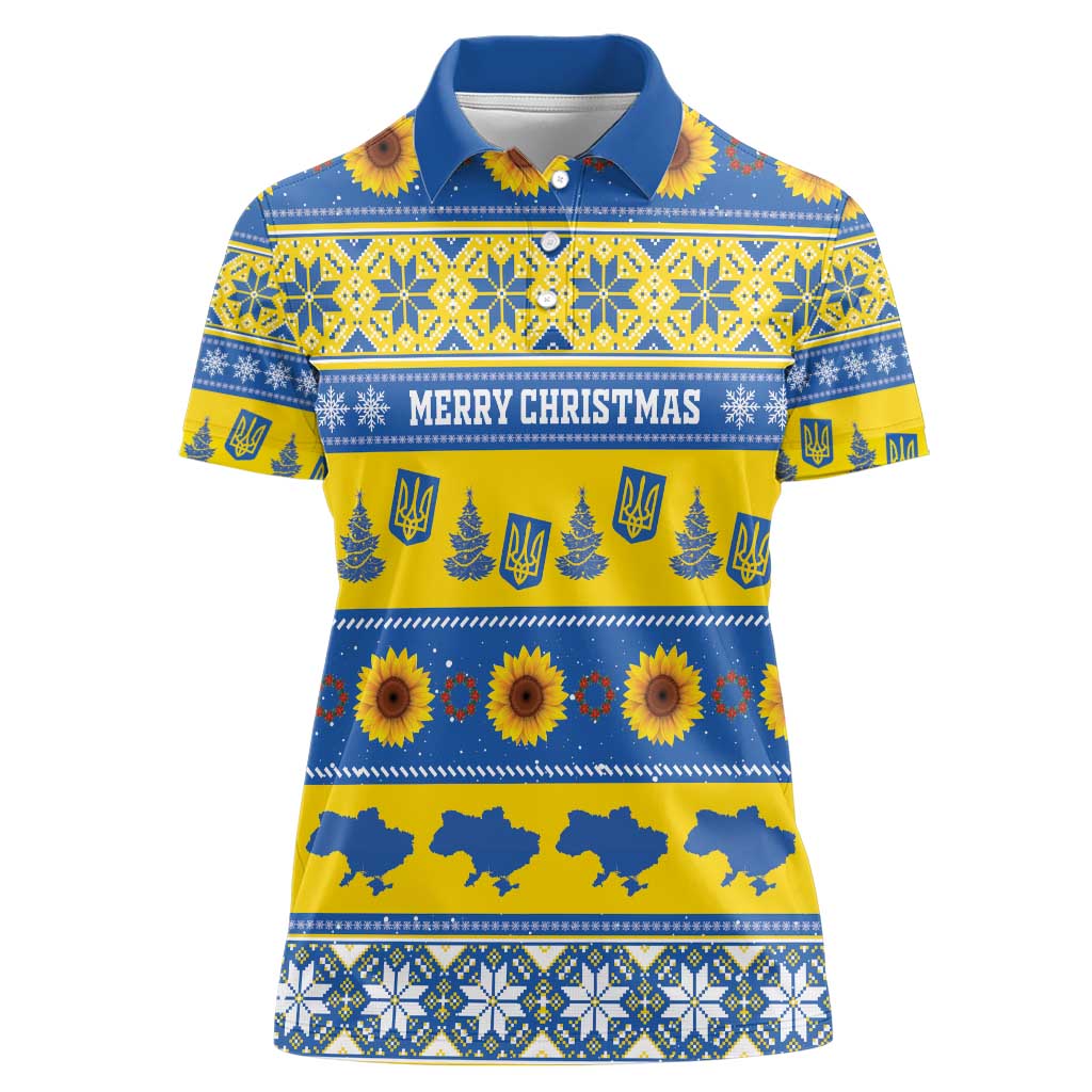 Personalised Ukraine Christmas Women Polo Shirt Tryzub With Map Folk Pattern - Wonder Print Shop