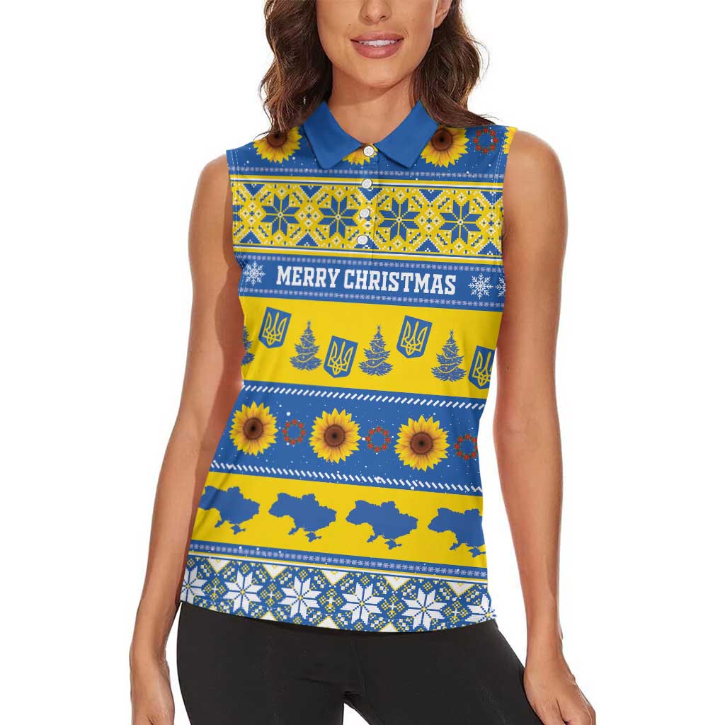 Personalised Ukraine Christmas Women Sleeveless Polo Shirt Tryzub With Map Folk Pattern - Wonder Print Shop
