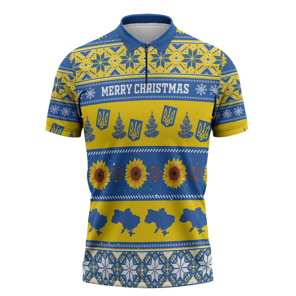 Personalised Ukraine Christmas Zipper Polo Shirt Tryzub With Map Folk Pattern - Wonder Print Shop