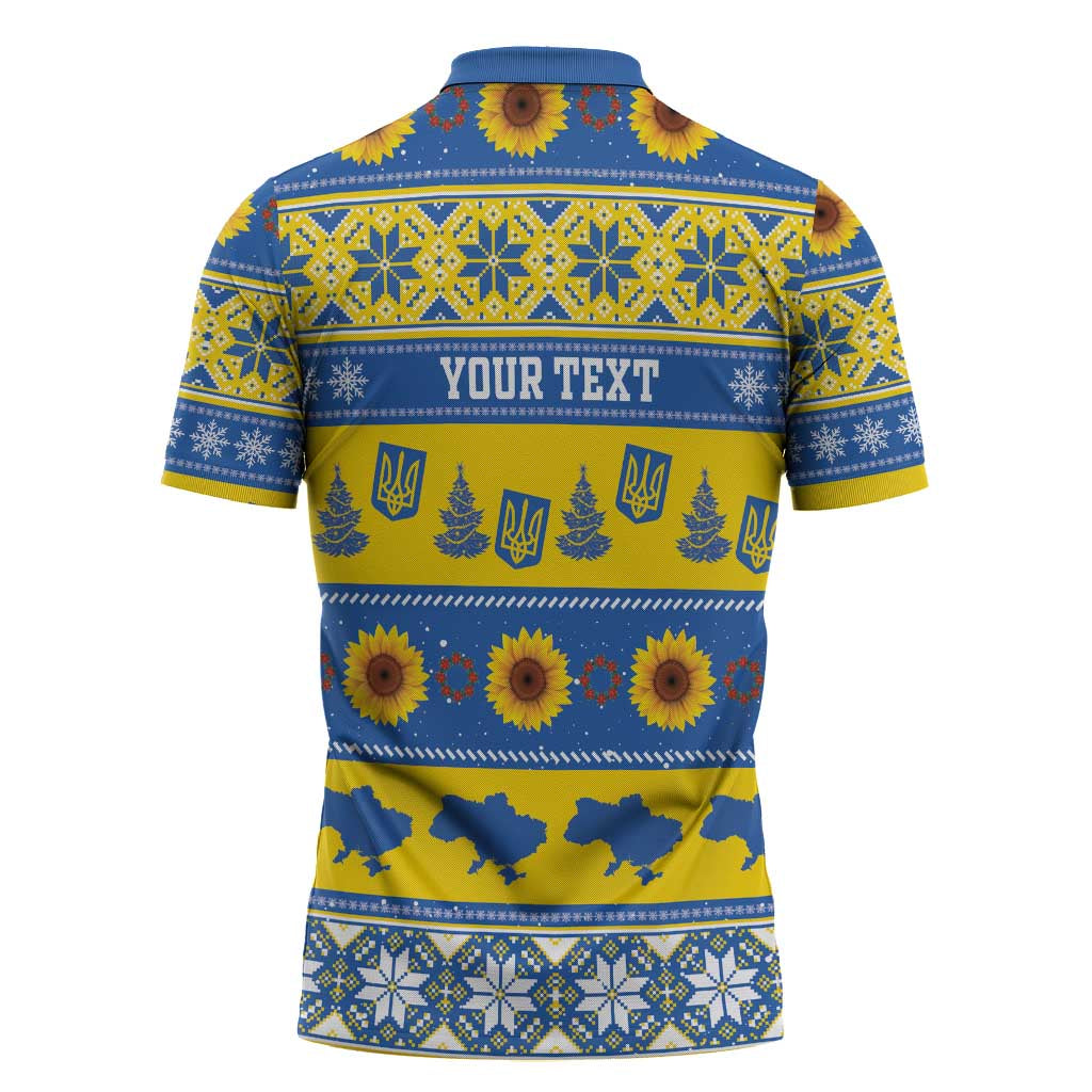 Personalised Ukraine Christmas Zipper Polo Shirt Tryzub With Map Folk Pattern - Wonder Print Shop