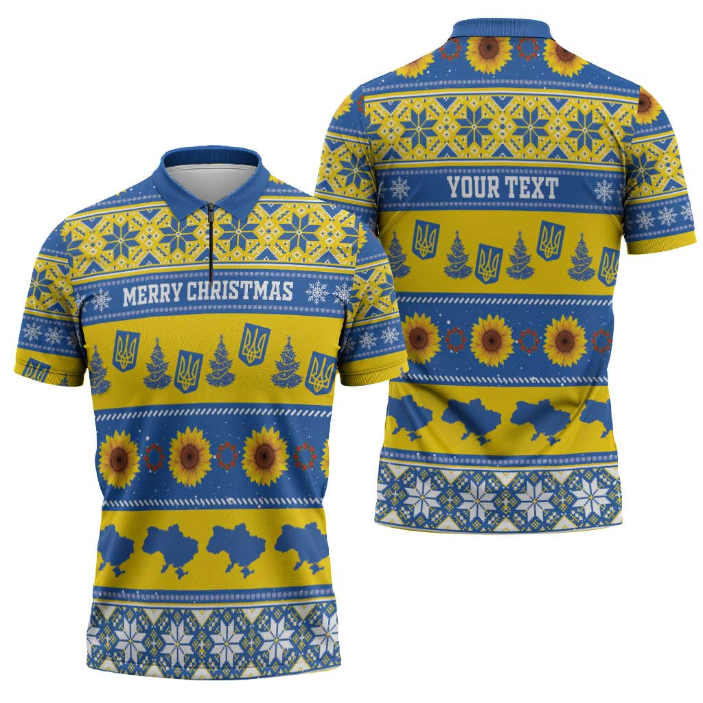 Personalised Ukraine Christmas Zipper Polo Shirt Tryzub With Map Folk Pattern - Wonder Print Shop