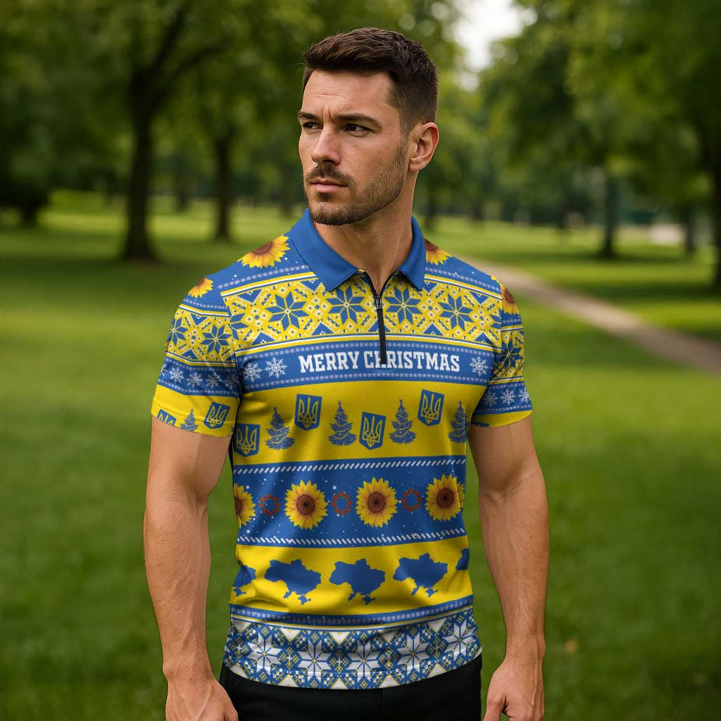 Personalised Ukraine Christmas Zipper Polo Shirt Tryzub With Map Folk Pattern - Wonder Print Shop