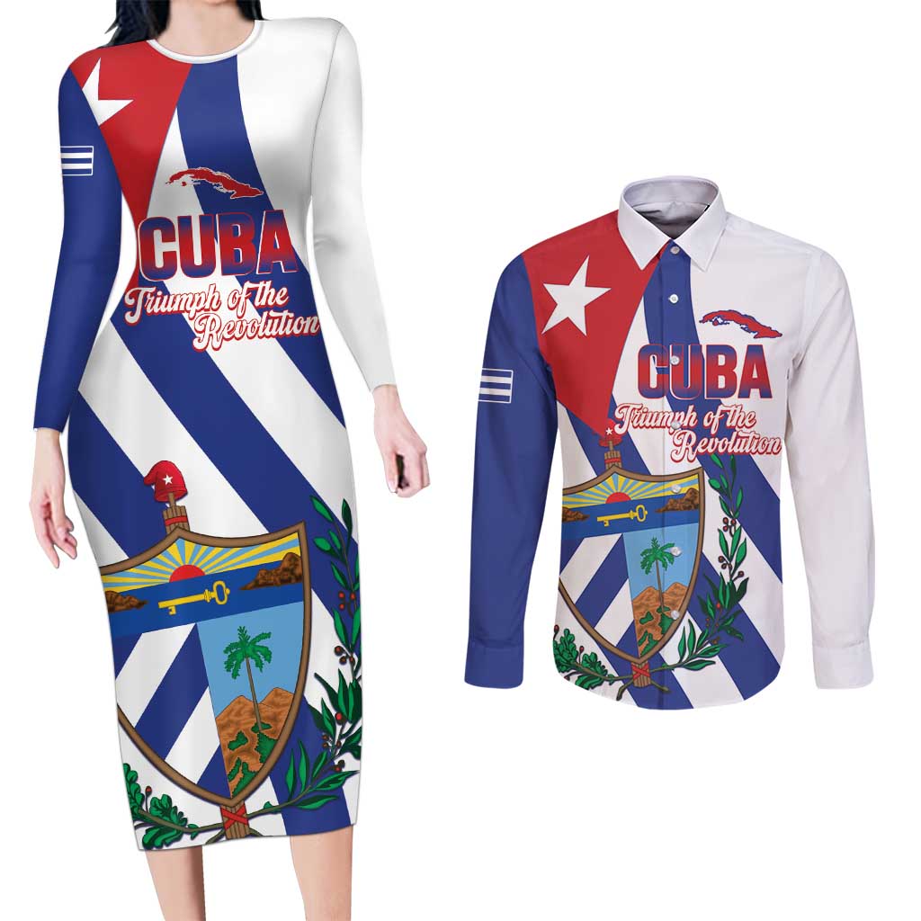 Cuba Liberation Day Couples Matching Long Sleeve Bodycon Dress and Long Sleeve Button Shirt Triumph Of The Revolution - Wonder Print Shop