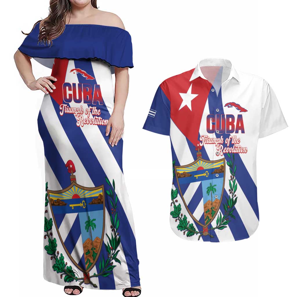 Cuba Liberation Day Couples Matching Off Shoulder Maxi Dress and Hawaiian Shirt Triumph Of The Revolution - Wonder Print Shop