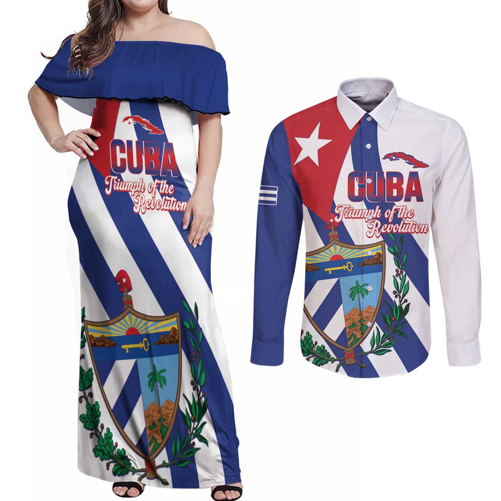 Cuba Liberation Day Couples Matching Off Shoulder Maxi Dress and Long Sleeve Button Shirt Triumph Of The Revolution - Wonder Print Shop