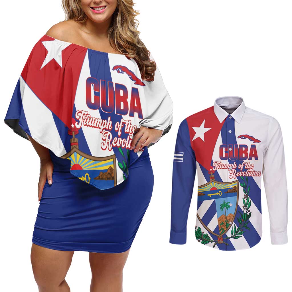 Cuba Liberation Day Couples Matching Off Shoulder Short Dress and Long Sleeve Button Shirt Triumph Of The Revolution - Wonder Print Shop