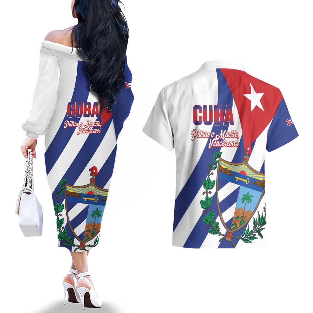 Cuba Liberation Day Couples Matching Off The Shoulder Long Sleeve Dress and Hawaiian Shirt Triumph Of The Revolution - Wonder Print Shop