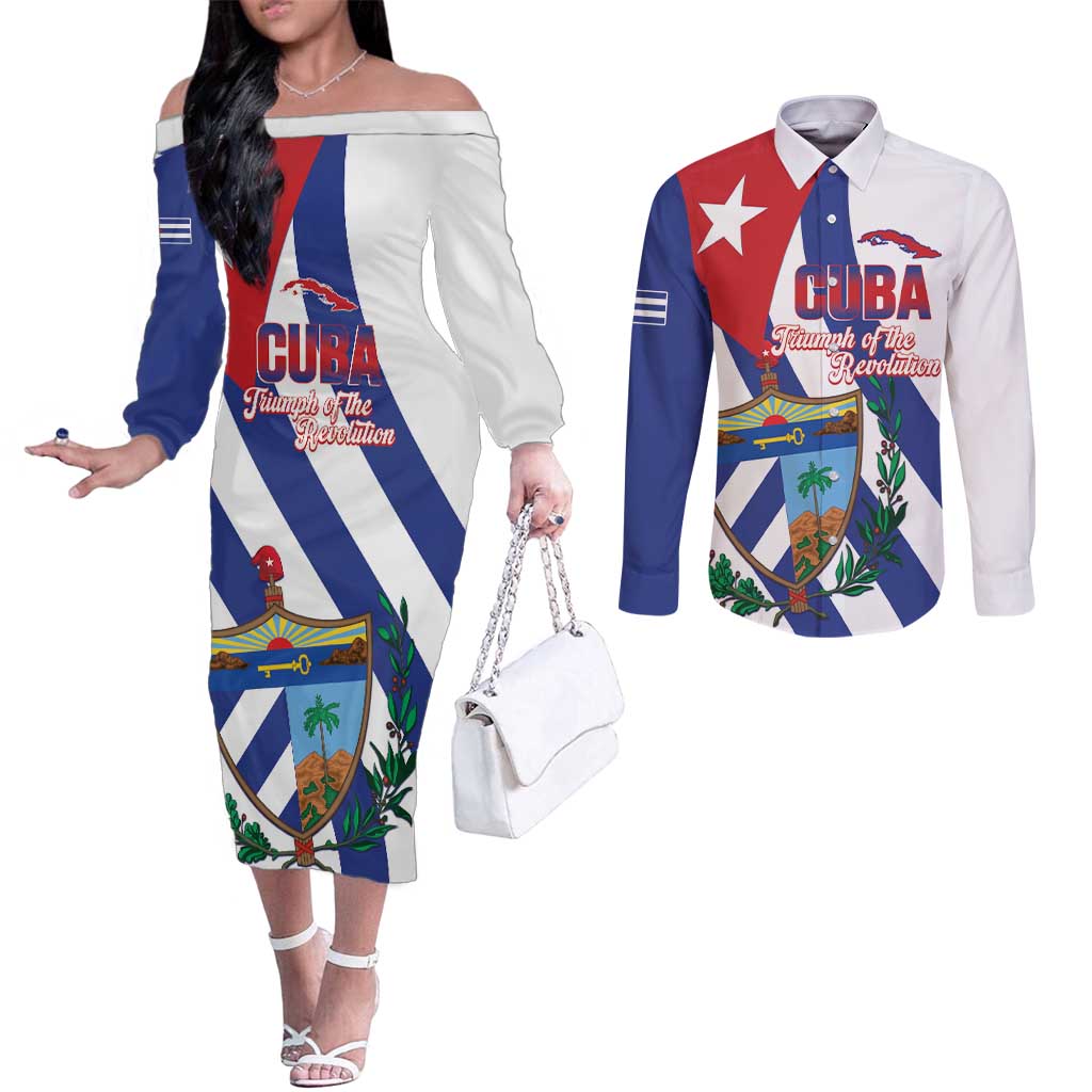 Cuba Liberation Day Couples Matching Off The Shoulder Long Sleeve Dress and Long Sleeve Button Shirt Triumph Of The Revolution