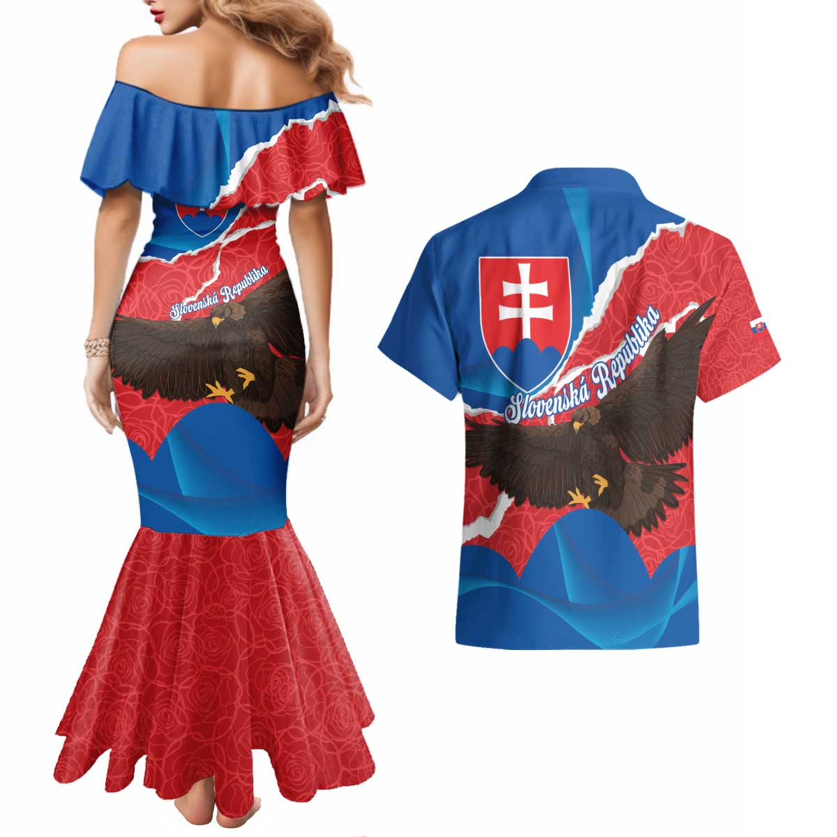 Slovakia Restoration Day Couples Matching Mermaid Dress and Hawaiian Shirt Happy 1st Of January - Slovak Golden Eagle - Wonder Print Shop