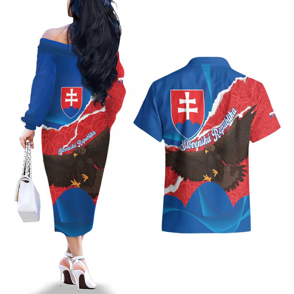 Slovakia Restoration Day Couples Matching Off The Shoulder Long Sleeve Dress and Hawaiian Shirt Happy 1st Of January - Slovak Golden Eagle - Wonder Print Shop