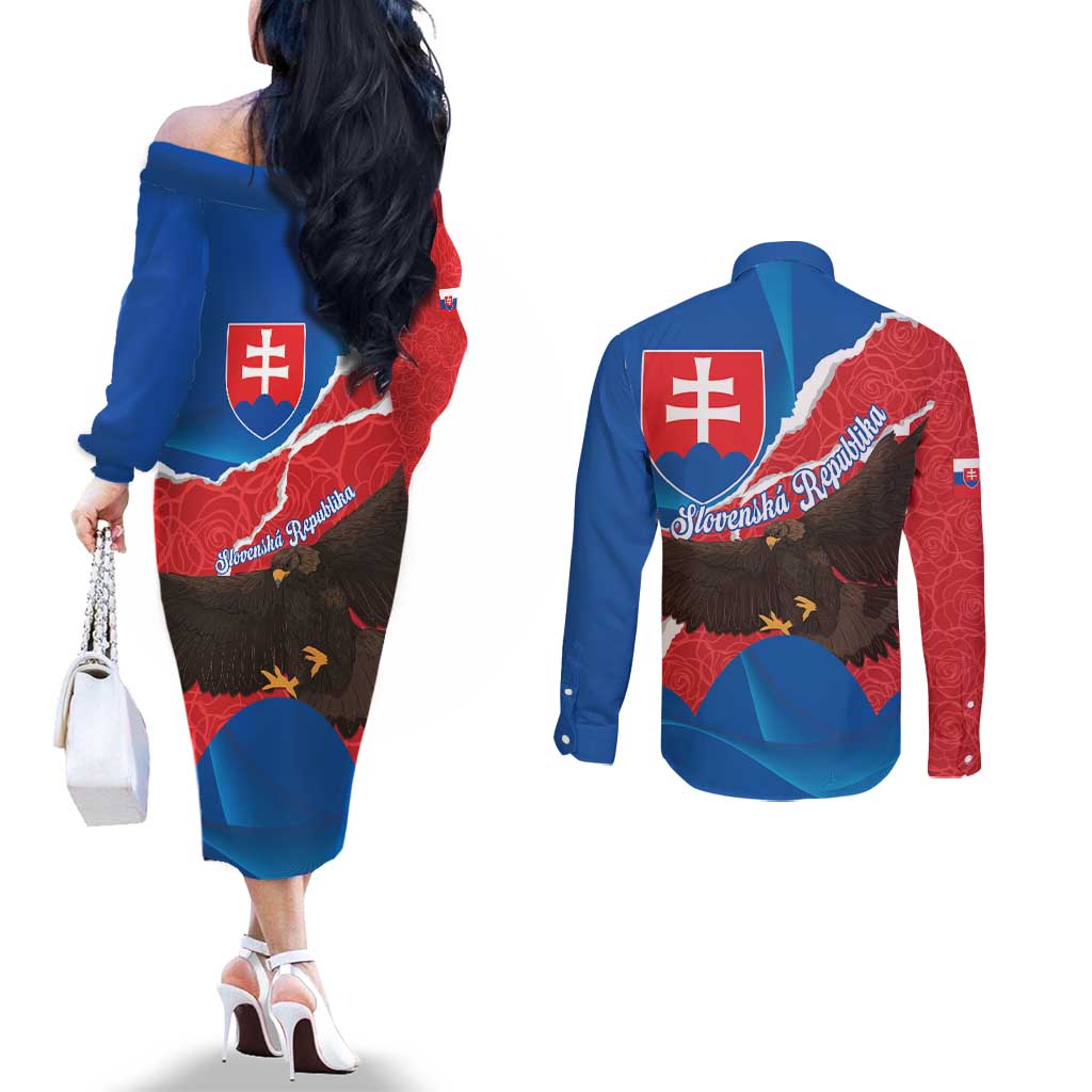 Slovakia Restoration Day Couples Matching Off The Shoulder Long Sleeve Dress and Long Sleeve Button Shirt Happy 1st Of January - Slovak Golden Eagle