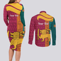 Sri Lanka Independence Day Couples Matching Long Sleeve Bodycon Dress and Long Sleeve Button Shirt Sri Lankan Lion Mix Sinhalese Pattern - Wonder Print Shop
