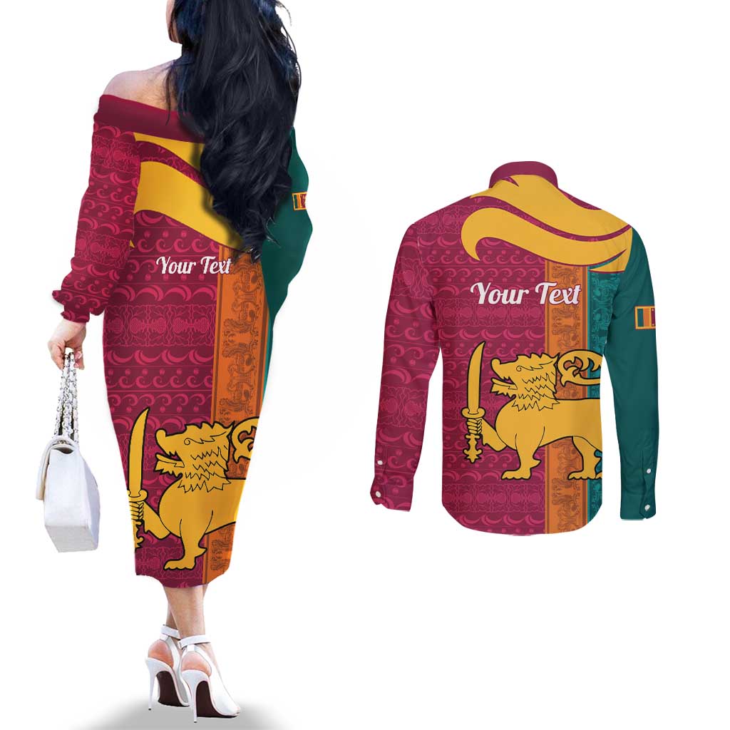 Sri Lanka Independence Day Couples Matching Off The Shoulder Long Sleeve Dress and Long Sleeve Button Shirt Sri Lankan Lion Mix Sinhalese Pattern