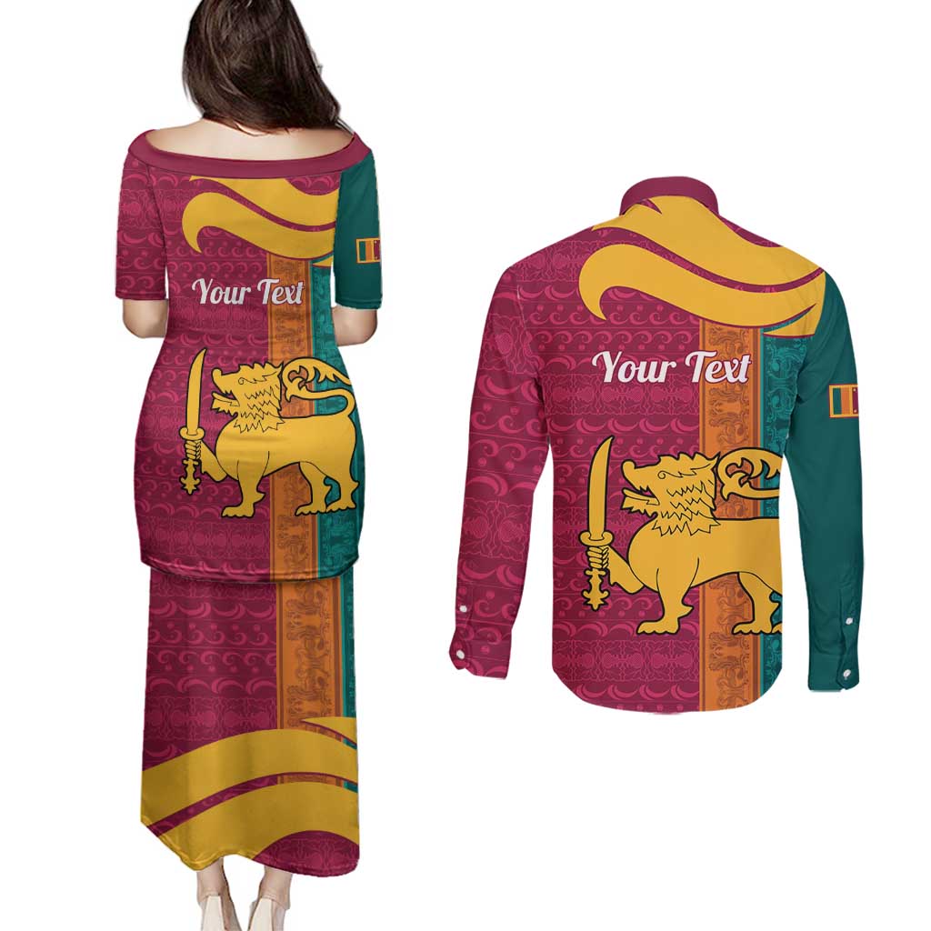 Sri Lanka Independence Day Couples Matching Puletasi and Long Sleeve Button Shirt Sri Lankan Lion Mix Sinhalese Pattern - Wonder Print Shop