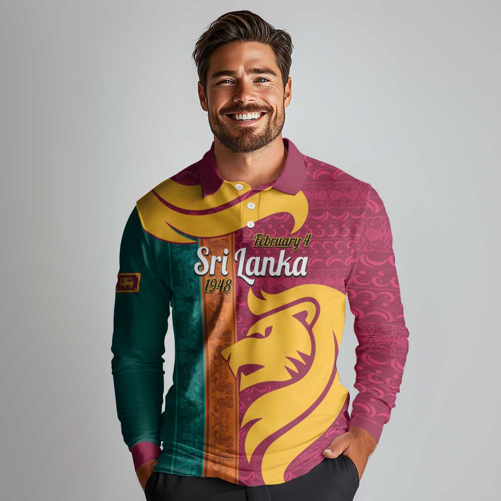Sri Lanka Independence Day Long Sleeve Polo Shirt Sri Lankan Lion Mix Sinhalese Pattern - Wonder Print Shop