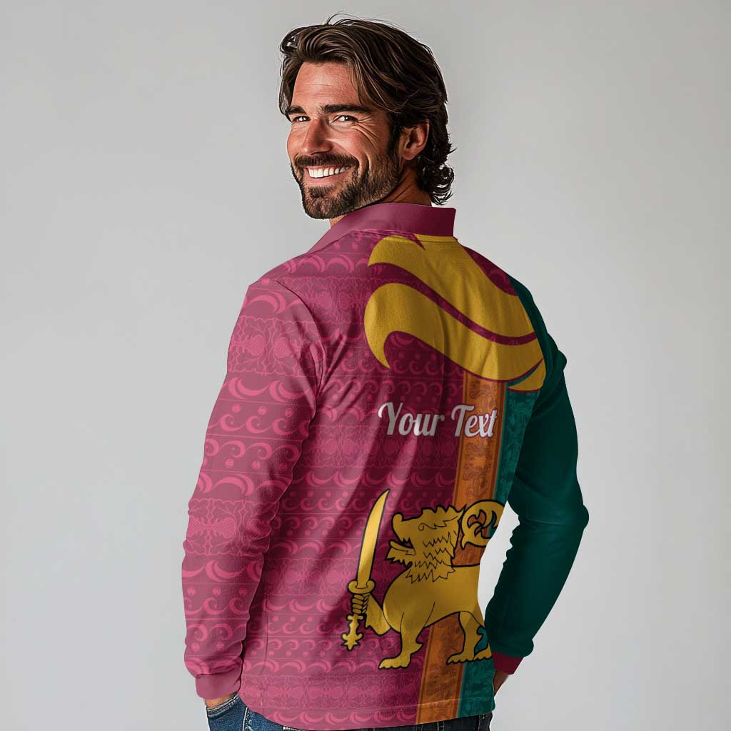 Sri Lanka Independence Day Long Sleeve Polo Shirt Sri Lankan Lion Mix Sinhalese Pattern - Wonder Print Shop