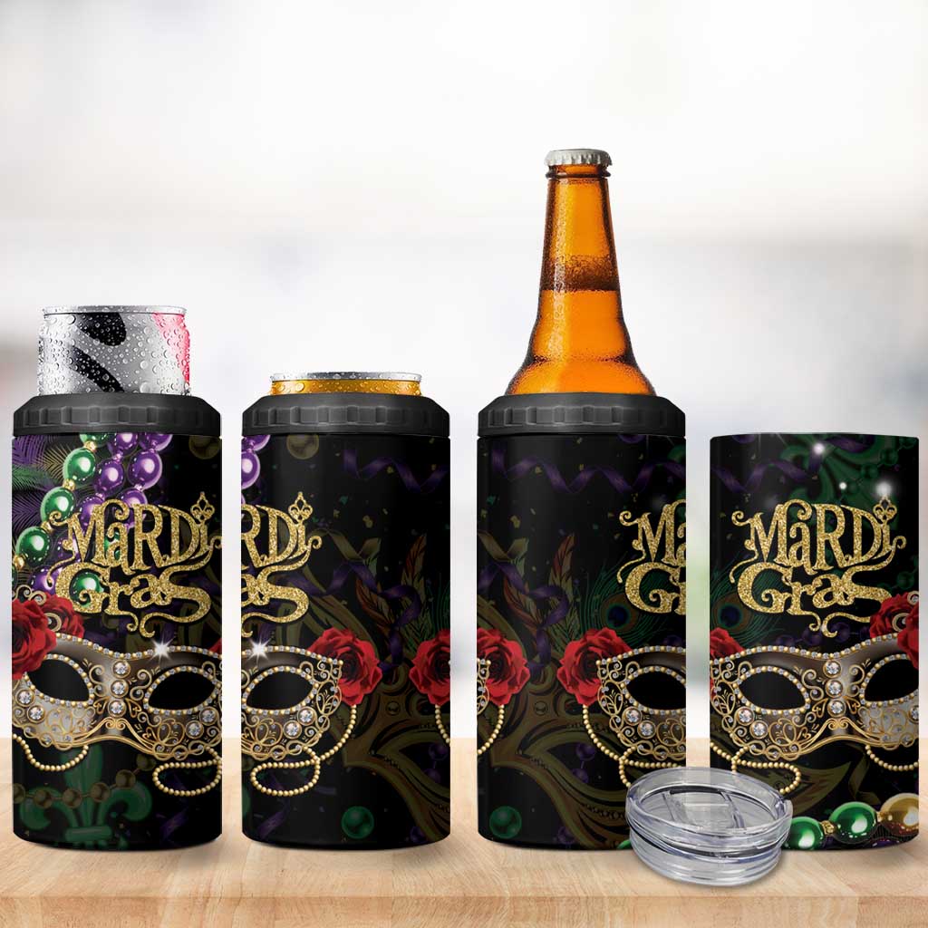 Mardi Gras 2025 4 in 1 Can Cooler Tumbler Beadeds With Gorgeous Mask - Wonder Print Shop