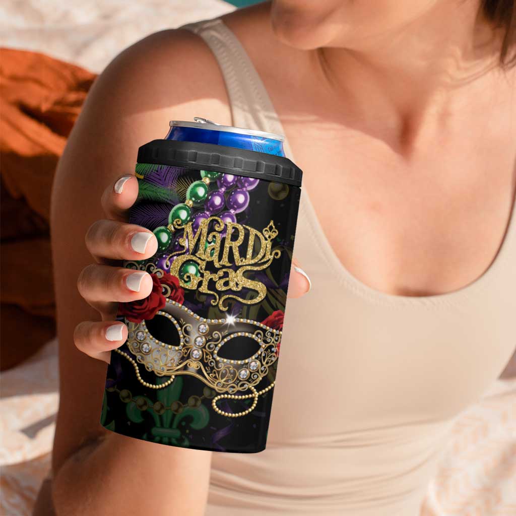 Mardi Gras 2025 4 in 1 Can Cooler Tumbler Beadeds With Gorgeous Mask - Wonder Print Shop