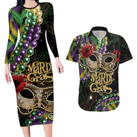 Mardi Gras 2025 Couples Matching Long Sleeve Bodycon Dress and Hawaiian Shirt Beadeds With Gorgeous Mask - Wonder Print Shop
