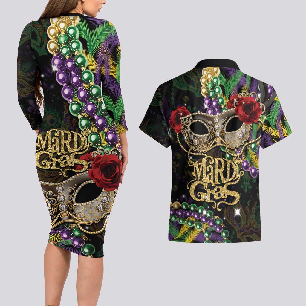 Mardi Gras 2025 Couples Matching Long Sleeve Bodycon Dress and Hawaiian Shirt Beadeds With Gorgeous Mask - Wonder Print Shop