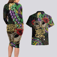 Mardi Gras 2025 Couples Matching Long Sleeve Bodycon Dress and Hawaiian Shirt Beadeds With Gorgeous Mask - Wonder Print Shop