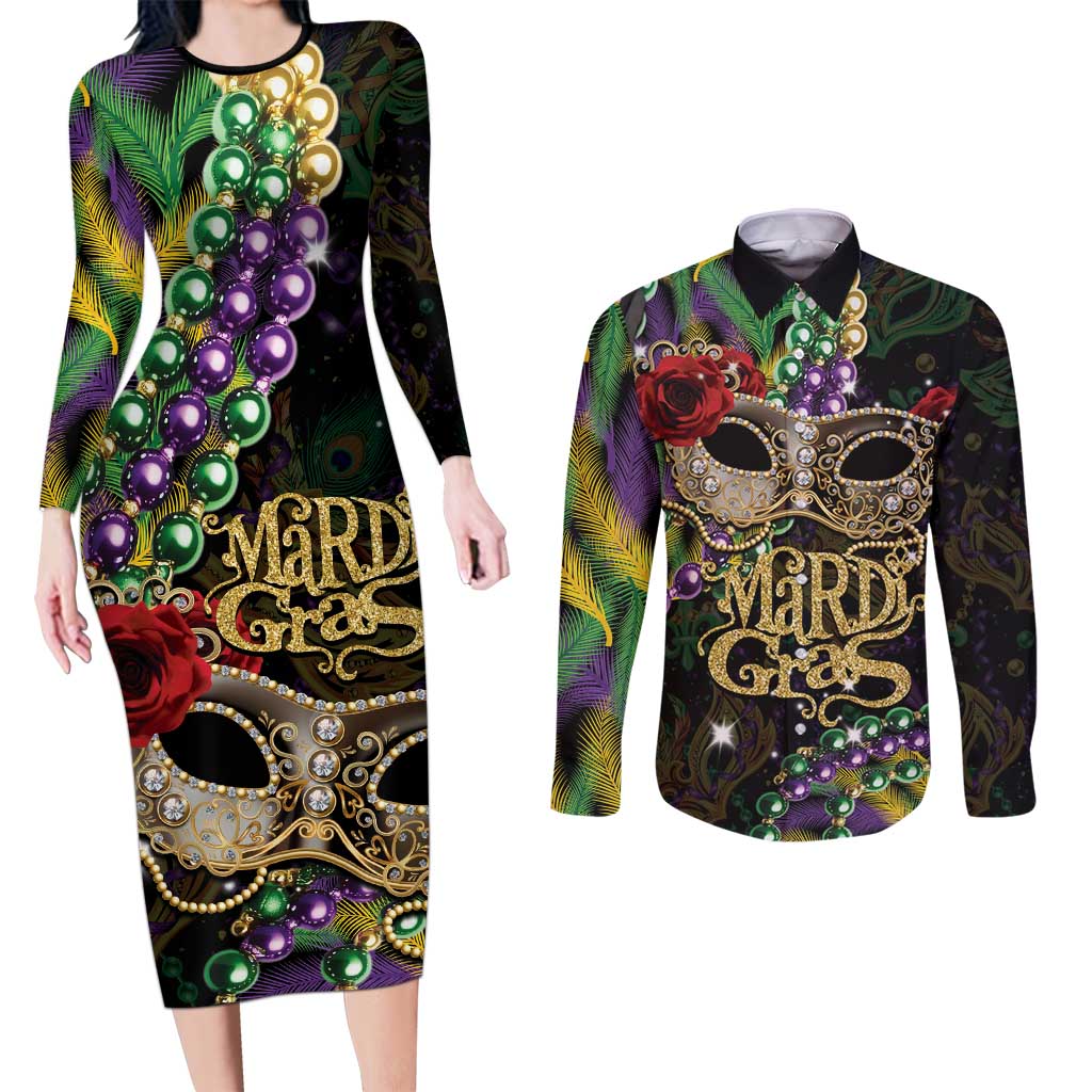 Mardi Gras 2025 Couples Matching Long Sleeve Bodycon Dress and Long Sleeve Button Shirt Beadeds With Gorgeous Mask - Wonder Print Shop