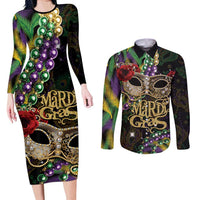 Mardi Gras 2025 Couples Matching Long Sleeve Bodycon Dress and Long Sleeve Button Shirt Beadeds With Gorgeous Mask - Wonder Print Shop